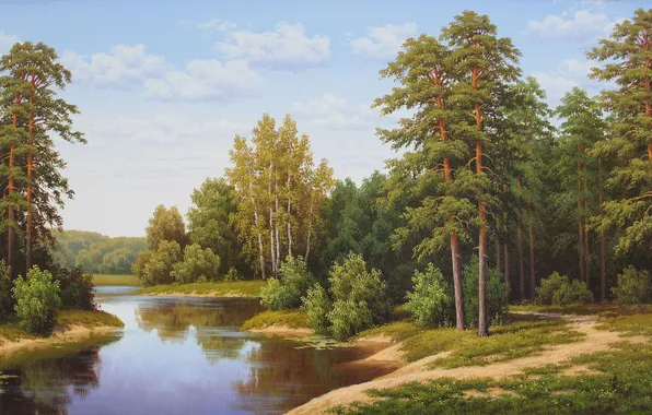 Деревья, Река, Картина, Российский художник, Яков Черняй, Лесной пейзаж с рекой, Yakov Chernyay