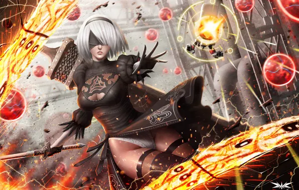 Девушка, Рисунок, Меч, Искры, Android, Арт, Nier, Illustration