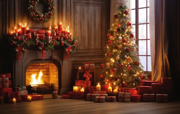 Комната, елка, интерьер, Рождество, Новый год, камин, Christmas, view