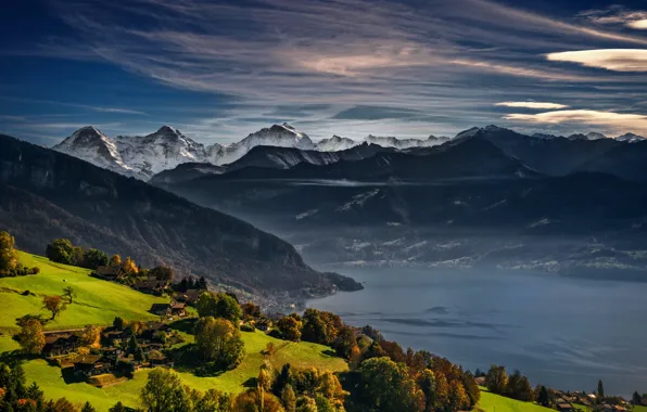 Картинка осень, горы, озеро, Швейцария, Альпы, Switzerland, Swiss Alps, Lake Thun