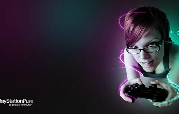 Девушка, цвет, неон, символы, джойстик, girl, playstation, цветность