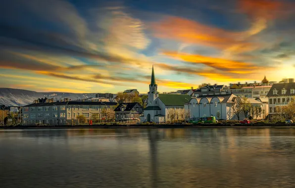 Картинка city, sky, landscape, water, clouds, building, travel, reykjavik