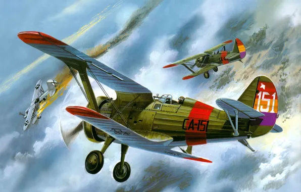 Картинка самолет, истребитель, бой, советский, одномоторный, И-15, Heinkel, 30-х.г
