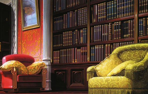 Картинка уют, книги, картина, кресло, подушки, библиотека, art, Hayao Miyazaki