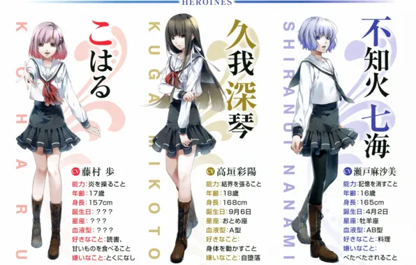 Сапоги, иероглифы, три, школьницы, подруги, матроска, mikoto kuga, NORN9