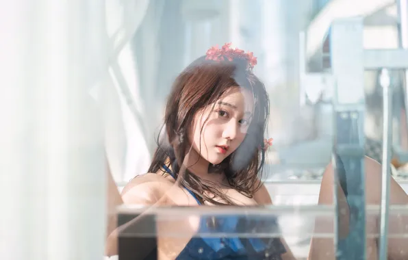 Asian, Model, Flower, Glass, Woman