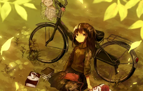 Клубок, велосипед, игрушка, книги, арт, девочка, кружка, вязание