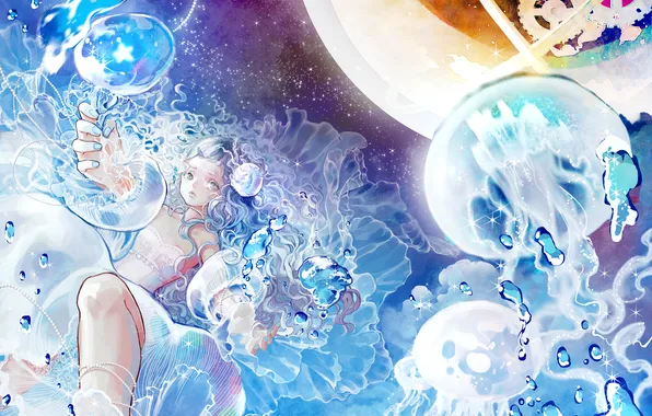 Картинка девушка, пузыри, океан, механизм, аниме, арт, медузы, под водой
