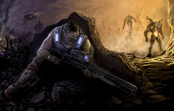 Картинка взрыв, оружие, укрытие, монстры, мужчина, Gears of War, Marcus Fenix