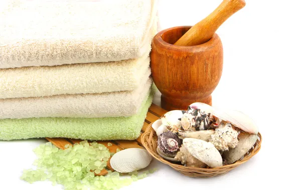 Картинка полотенце, ракушки, shells, towel, Ландыши, морская соль, ступка для растирания трав, sea salt