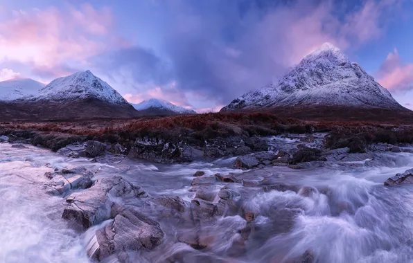 Снег, горы, река, камни, течение, вечер, Шотландия, River Coupall