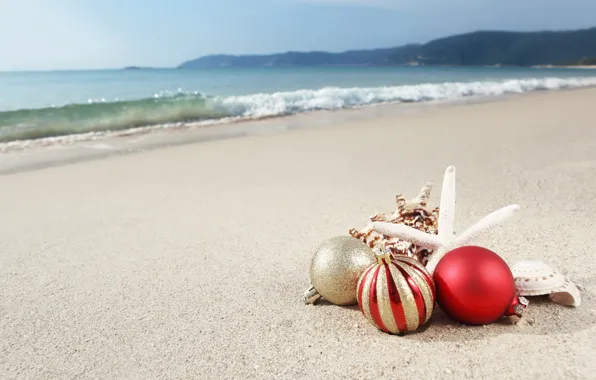 Картинка песок, море, пляж, украшения, игрушки, Новый Год, ракушки, beach