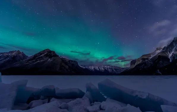Картинка Sky, Canada, Aurora, Winter, Lights, Night, Northern, Lake, Banff, Minnewanka