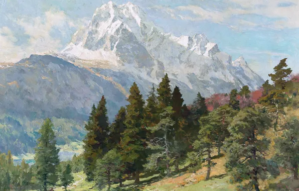 Горы, Деревья, Картина, Немецкий художник-пейзажист, Эдвард Харрисон Комптон, Вид на горы Веттерштайн у озера Лаутерзее, …