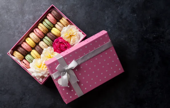 Цветы, коробка, печенье, box, flower, декор, sweet, macaroon