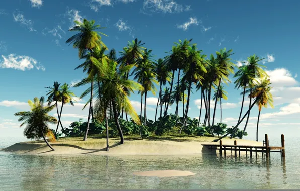Пальмы, остров, причал, fantastic isle