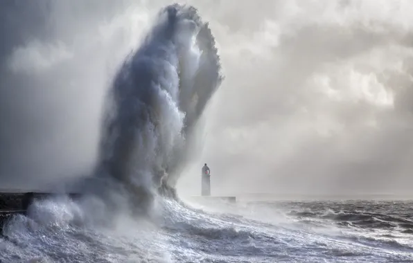 Море, пейзаж, Porthcawl Lighthouse, Giant Wave