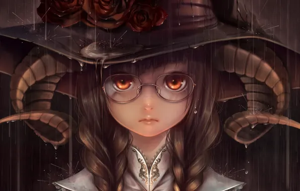Девушка, дождь, розы, шляпа, арт, очки, рога, bouno satoshi