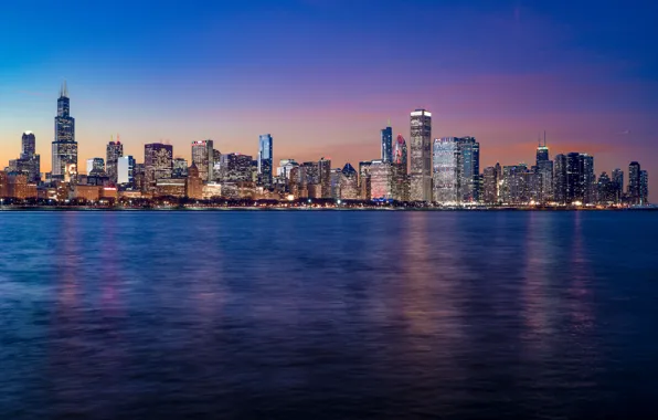 Картинка вода, закат, здания, Чикаго, панорама, Иллинойс, ночной город, Chicago