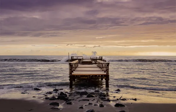 Twilight, sea, ocean, sunset, wood, seascape, clouds, splash