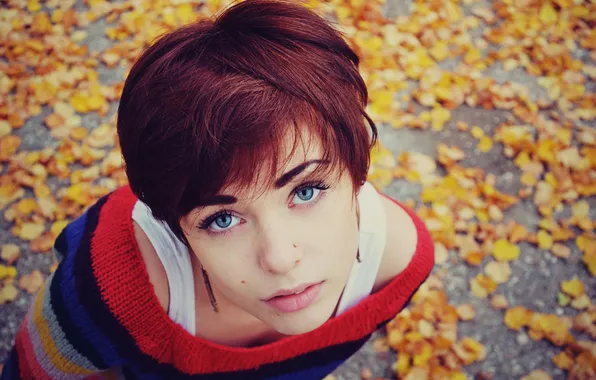 Blue eyes, short hair, women, face, fall, sweater, looking at viewer, women outdoors