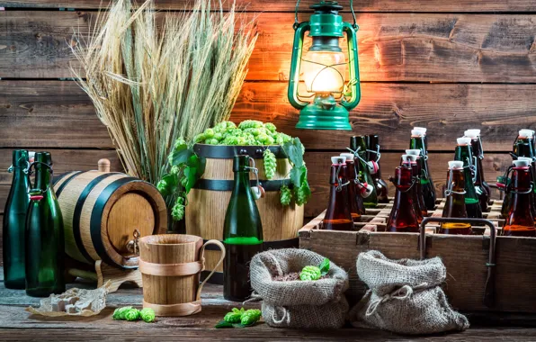 Картинка пшеница, алкоголь, фонарь, бутылки, beer, wheat, хмель, hops