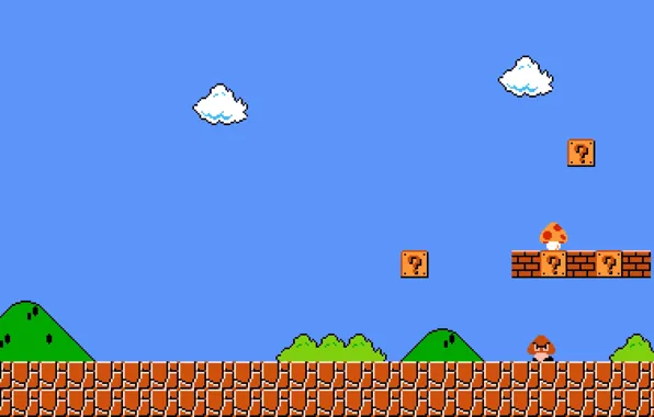 Картинка cloud, pixels, Super Mario, enemies, fungus, mario bros, first level