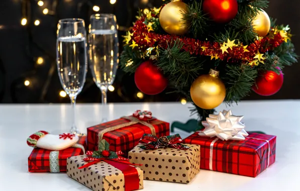 Бокалы, Рождество, подарки, Новый год, шампанское, коробки