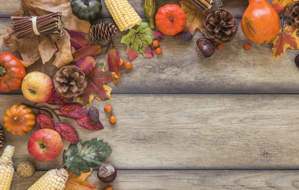 Картинка осень, листья, фон, яблоки, доски, colorful, тыква, wood