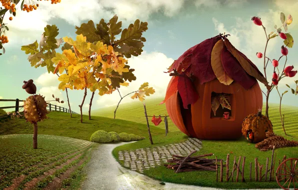 Картинка осень, листья, пейзаж, ягоды, яркие, поля, ограда, деревня