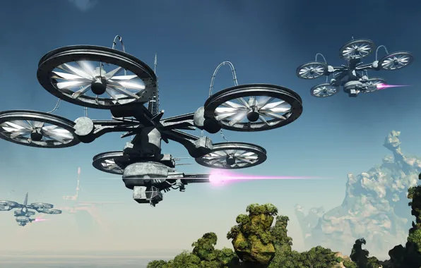 Скалы, растительность, луч, аппарат, Railgun Platforms