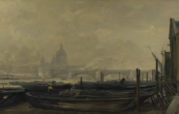 Картина, лодки, городской пейзаж, Шарль-Франсуа Добиньи, Charles-François Daubigny, Собор Святого Павла со стороны Суррея