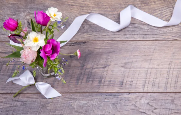 Цветы, букет, весна, colorful, лента, бутоны, wood, pink