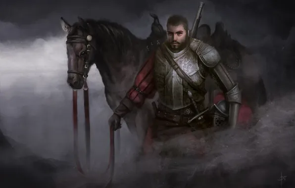 Картинка туман, конь, меч, арт, мужчина, доспех, Bram Sels