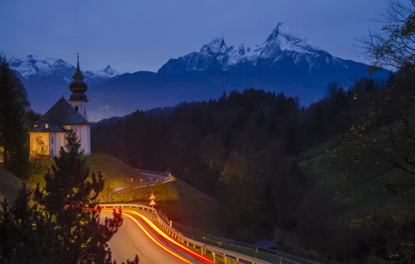 Картинка дорога, пейзаж, горы, ночь, природа, Германия, Бавария, освещение