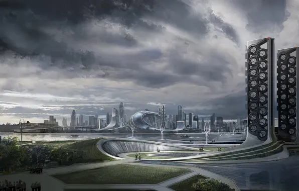 Небо, облака, city, город, будущее, фантастика, здания, future