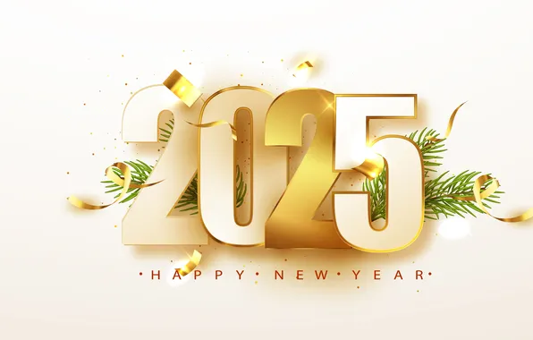 Золото, праздник, новый год, цифры, Happy New Year, ветви ели, с новым 2025 годом