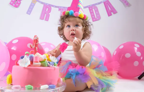 Картинка шарики, воздушные шары, день рождения, праздник, девочка, торт, кроха