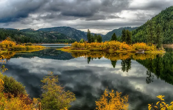 Картинка осень, горы, озеро, отражение, Монтана, Montana, Озеро Альва, Lake Alva