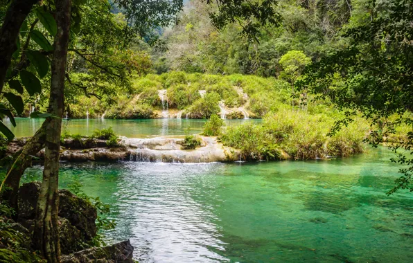 Лес, вода, природа, река, водопад, латинская америка, гватемала