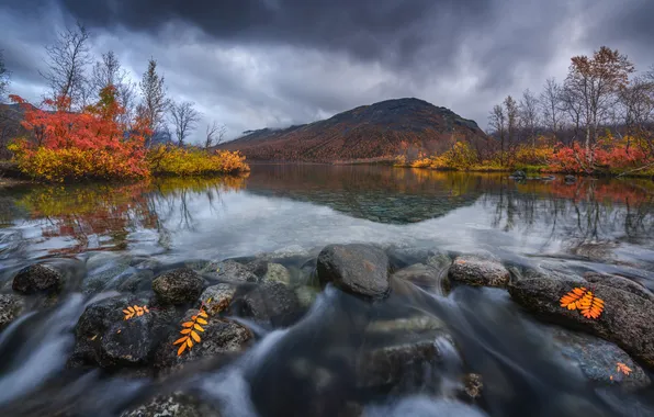 Картинка река, листва, гора, отражение в воде, валуны, красота природы, потоки воды, Евдокимов Максим