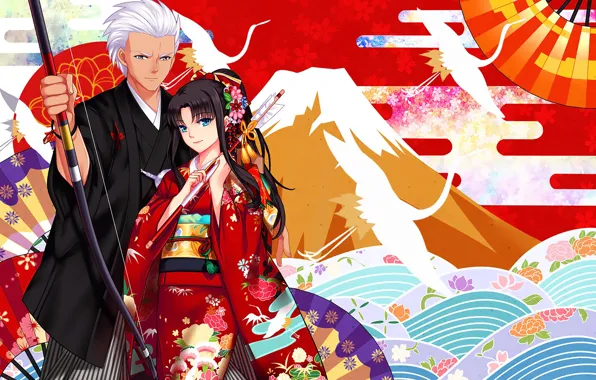 Девушка, аниме, арт, парень, двое, Рин, Арчер, Fate / Stay Night