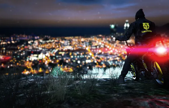 Город, Трава, Мотоцикл, GTA V, grand theft auto v