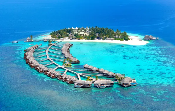 Картинка пляж, остров, пирс, Мальдивы, курорт, бунгало, риф, Maldives