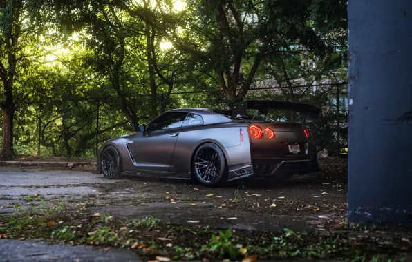 Nissan, Grey, R35, Building, Road, Nissan GTR, Trees, Rear