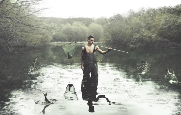 Картинка дождь, рыбалка, парень