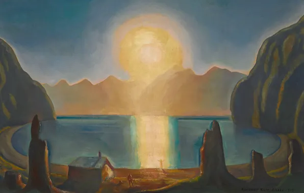Картинка море, пейзаж, горы, картина, Rockwell Kent, Рокуэлл Кент, Внутири Солнца