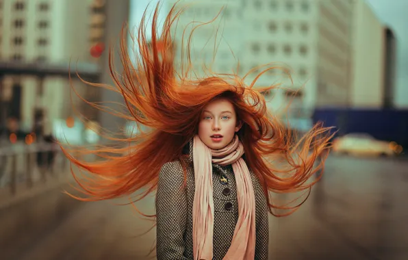 Картинка ветер, девочка, рыжеволосая, пальто, Ahmed Hanjoul, The red hair