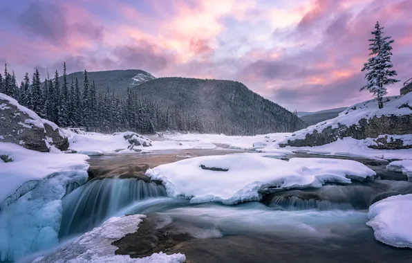 Картинка зима, снег, пейзаж, закат, горы, природа, река, водопад