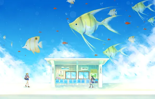 Картинка небо, облака, рыбы, девушки, аниме, арт, форма, школьницы